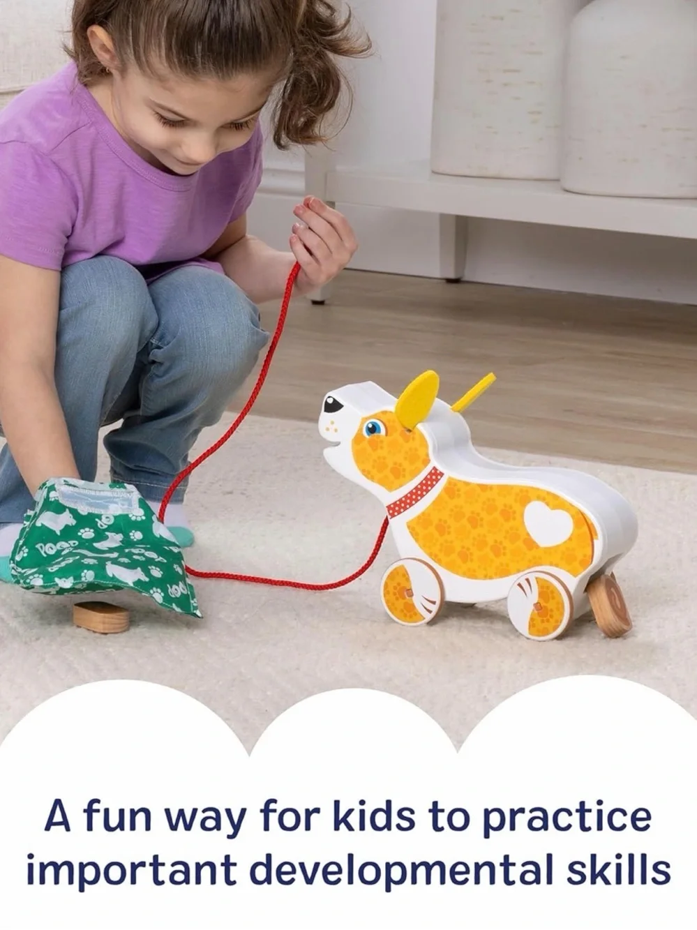 Melissa & Doug Feed, Walk & Poo Pup Wooden Preschool Pull Toy Ages 18m +